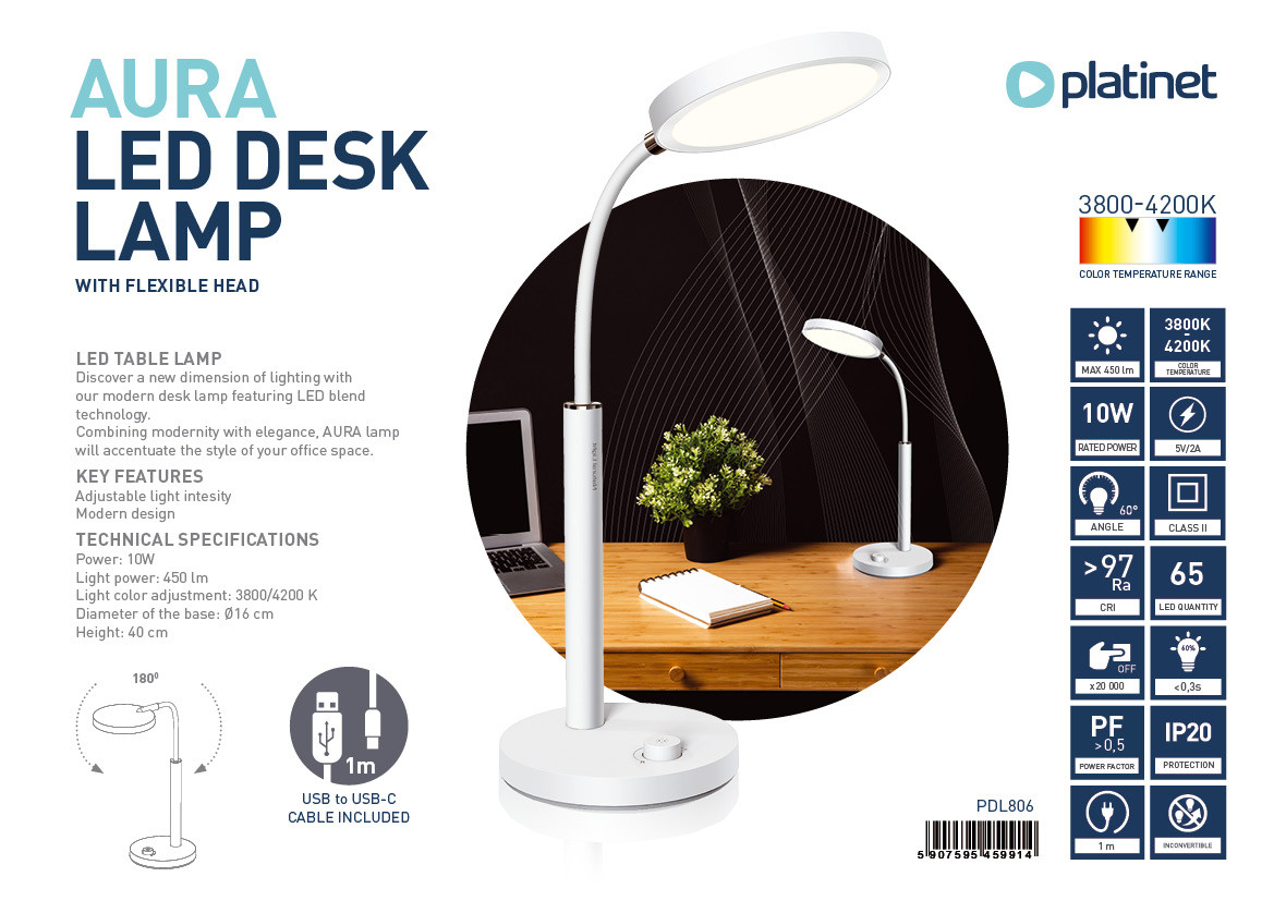 BildePLATINET Skrivebordslampe AURA LED 10W 65 LED USB-C, hvit