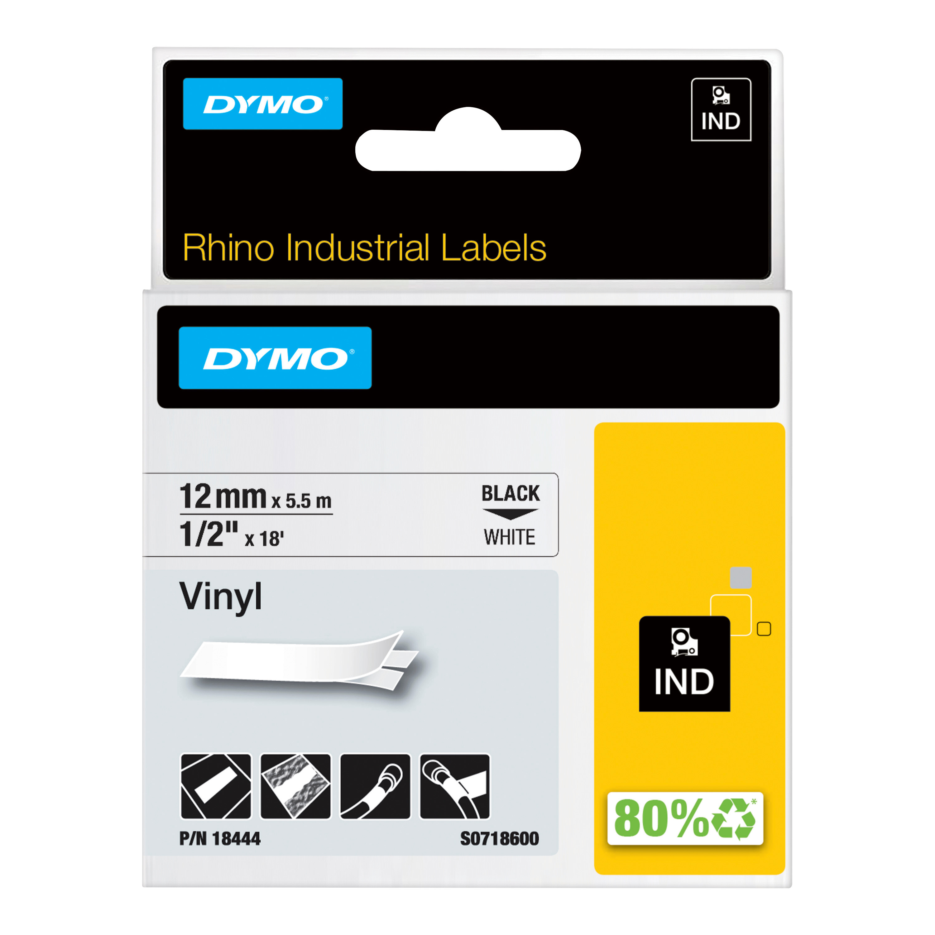 Rhino Farget Vinyl Fargebånd Sort på Hvit 12mm (5.5m) S0718600