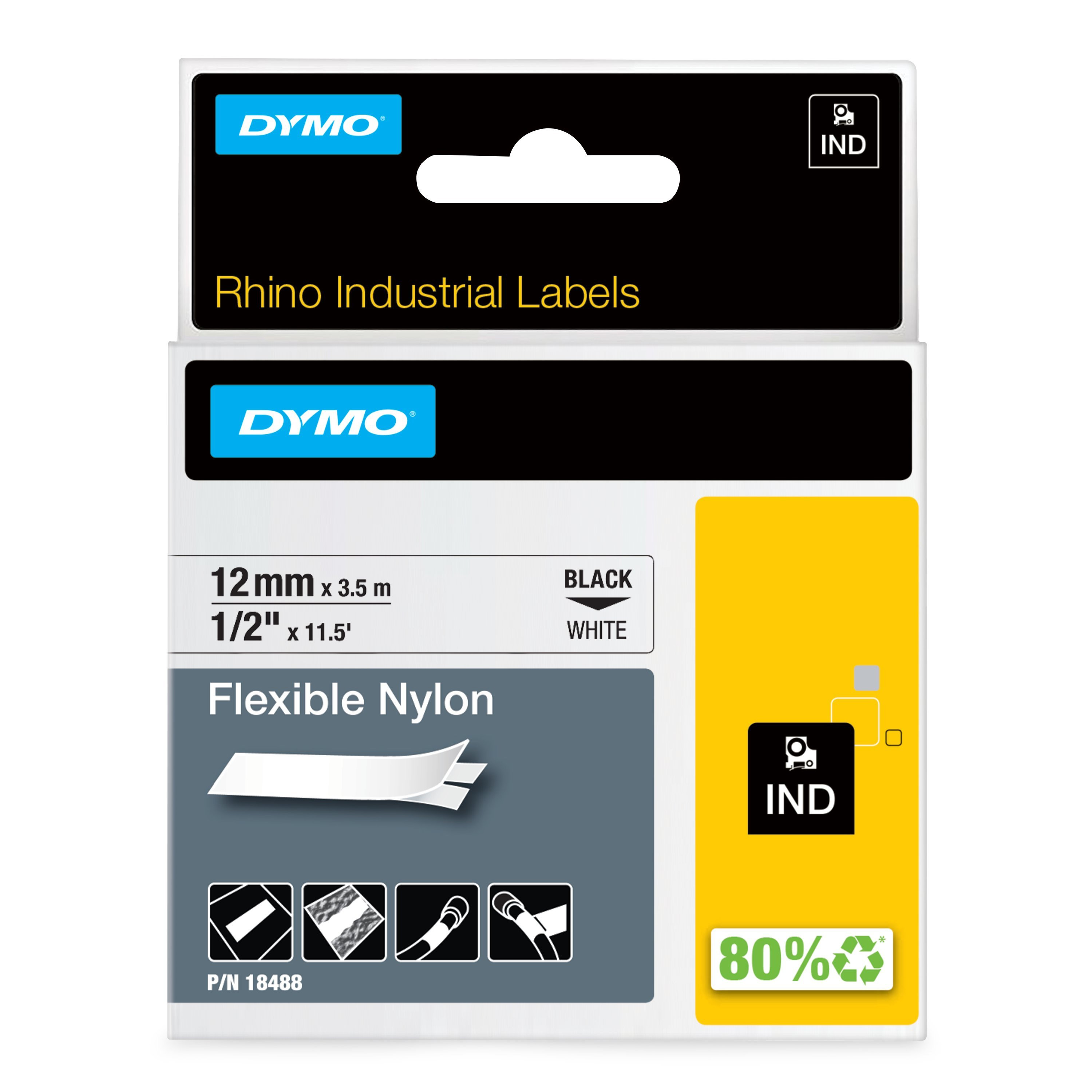 Tape Rhino Flexible Nylon Sort på Hvit 12mm (3.5m) S0718100