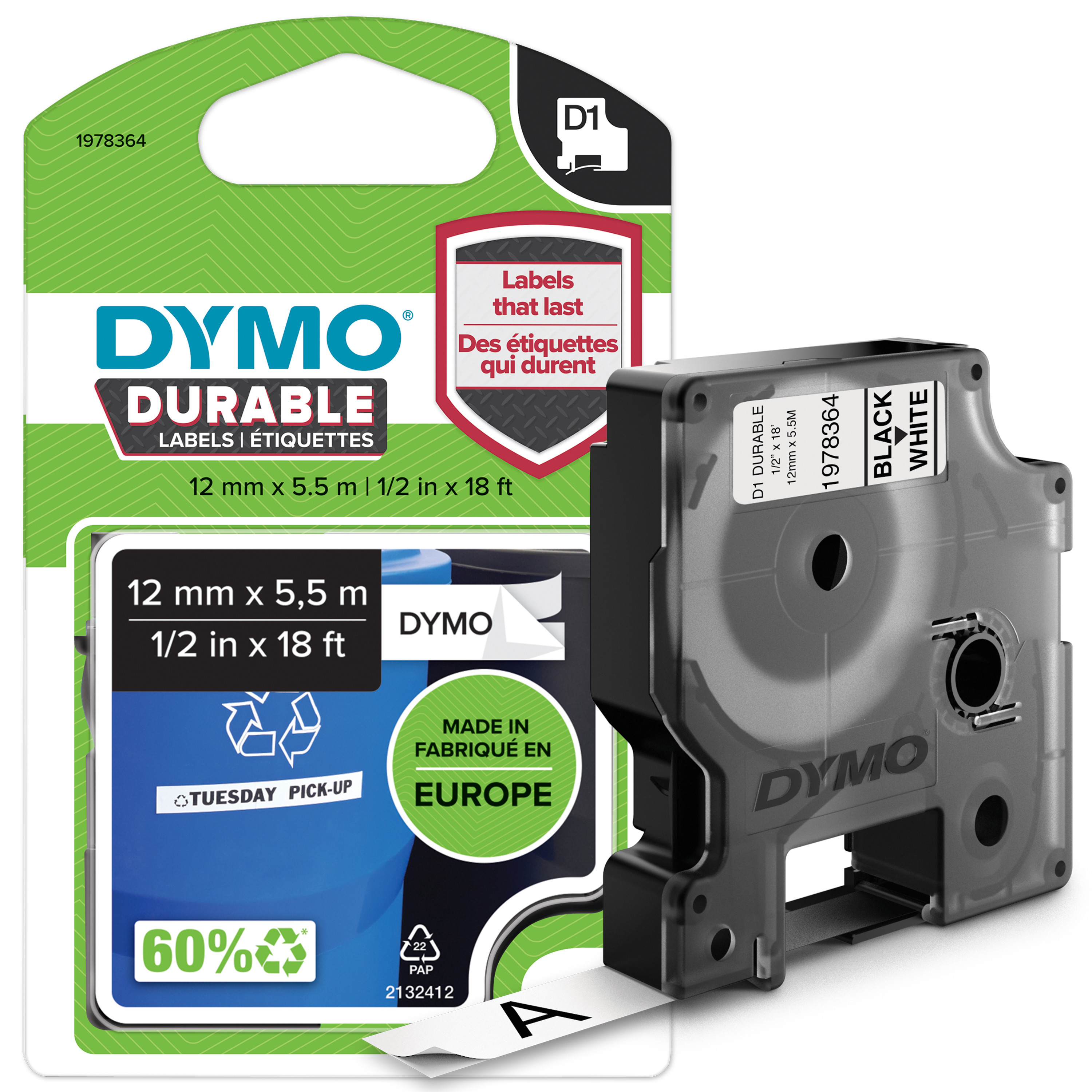 Dymo Teip D1 Ekstra sterk 12mmx5,5m sort/hvit