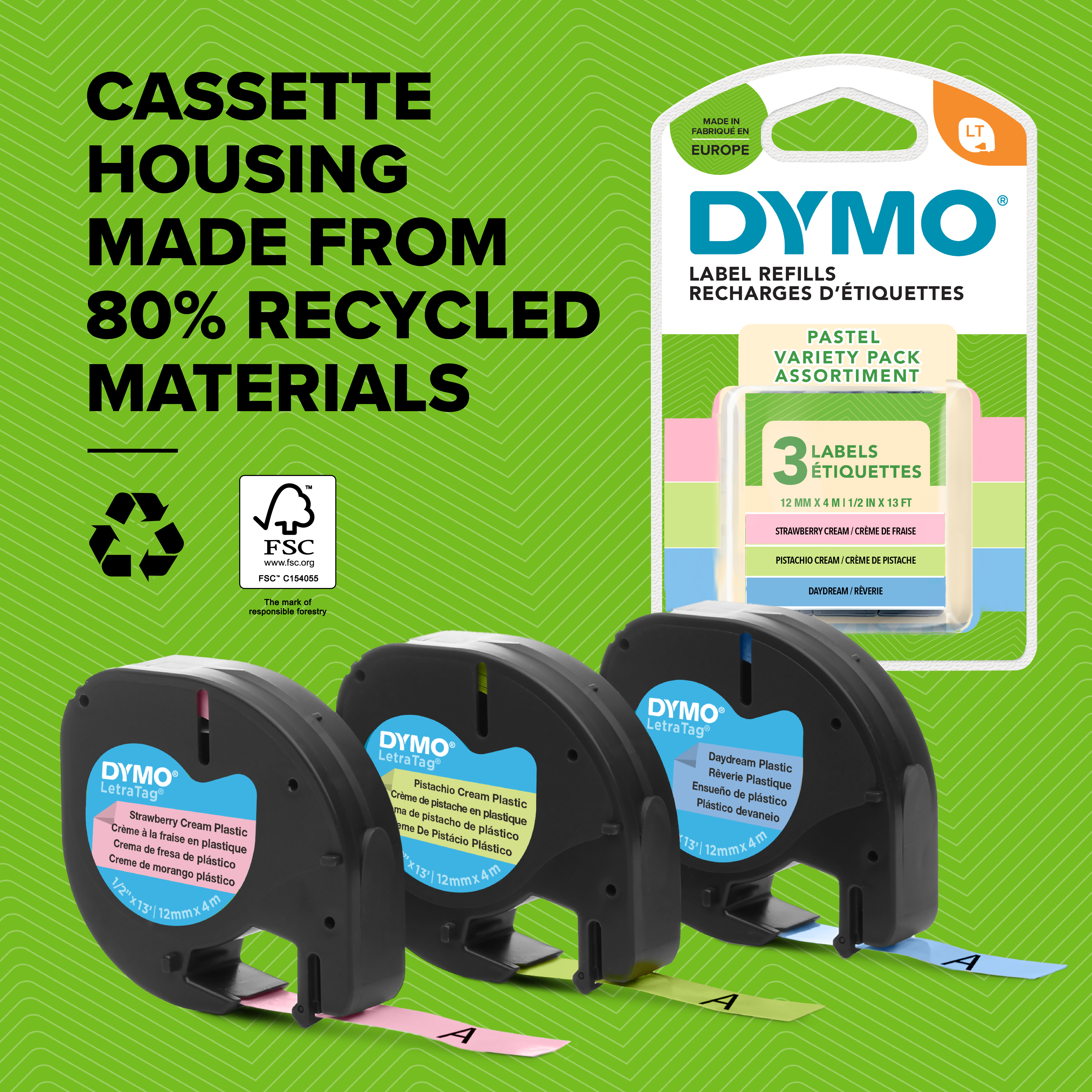 DYMO LetraTag Tape 12mm x 4m plastic pastel green, blue & pi