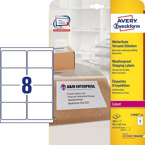 BildeAvery L7993-25 Addressetiketter vannfaste 99,1x67,7 (200)