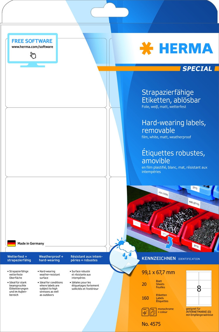 Herma Etiketter Utendrs avtagbare Hvite A4 99,1x67,7 (20)