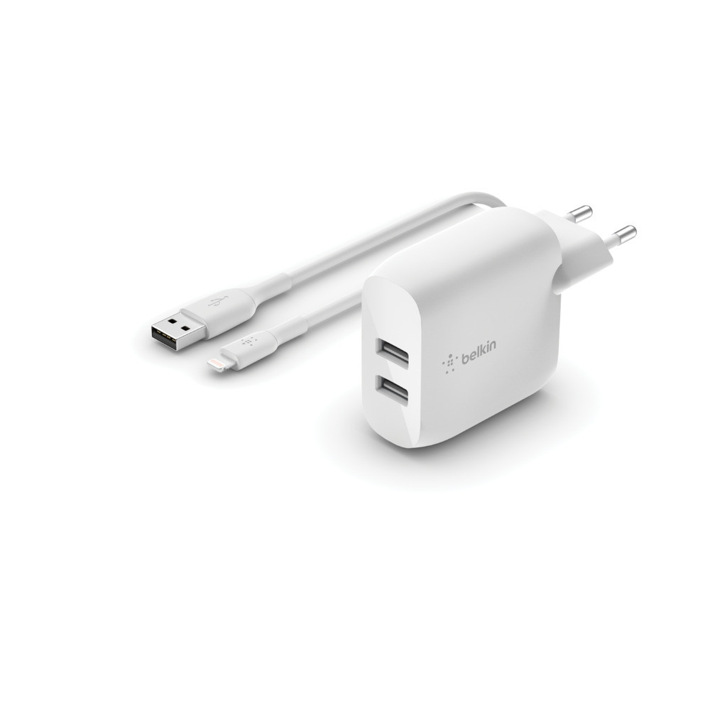 Belkin USB-A Vegglader 24W + Lightning Kabel, Hvit
