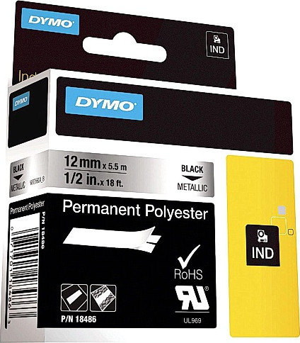 BildeDymo Teip Rhino 12mmx5,5m Permanent Polyester sort/metall