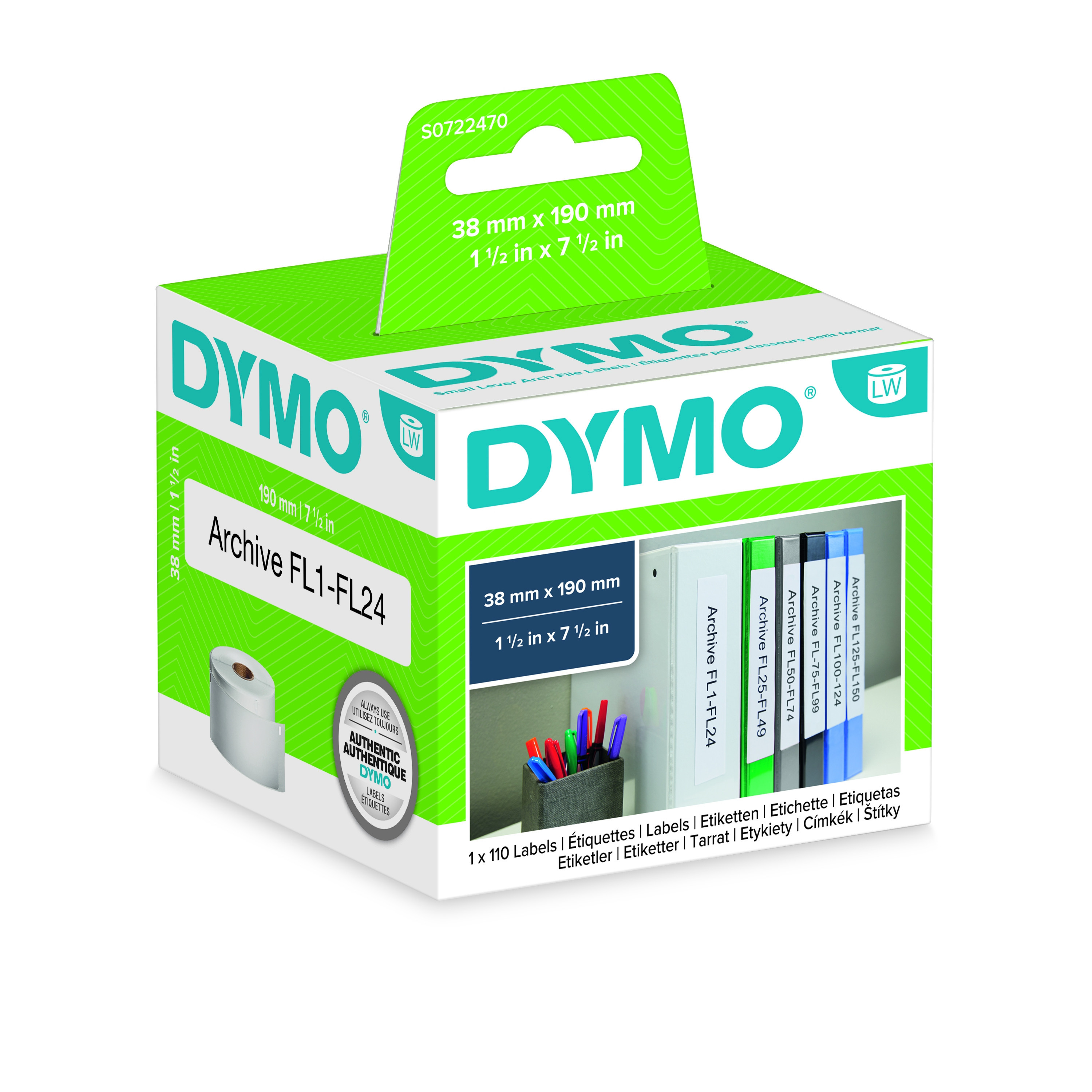 BildeDymo Etiketter Brevordnere 38x190 Permanent hvite (110)