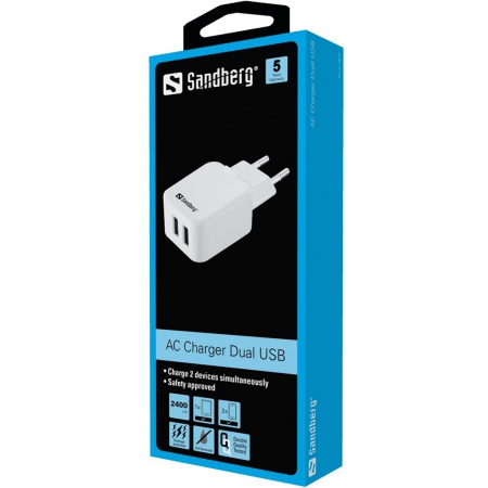 AC Charger Dual USB 2A EU, White/Black