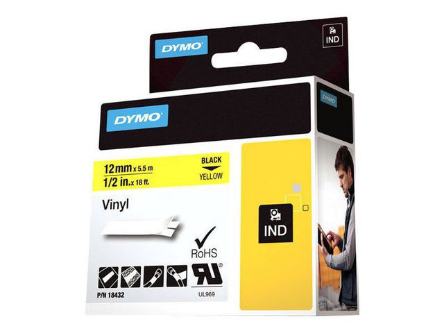 Dymo Teip Rhino 12mmx5,5m Vinyl sort/gul