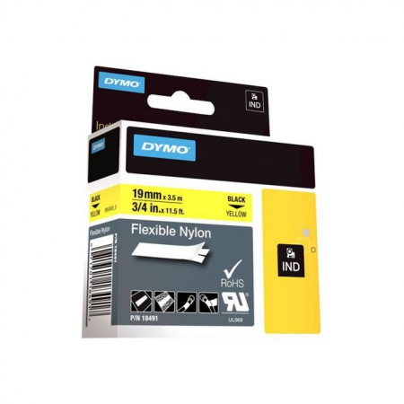 Dymo Teip Rhino 19mmx3,5m Fleksibel Nylon sort/gul