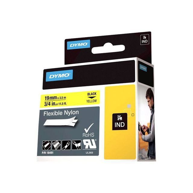 Dymo Teip Rhino 19mmx3,5m Fleksibel Nylon sort/gul