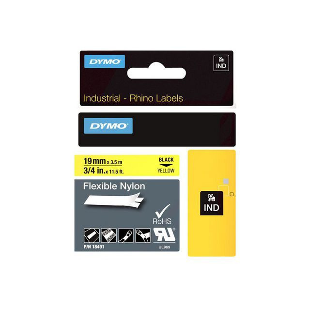 Dymo Teip Rhino 19mmx3,5m Fleksibel Nylon sort/gul