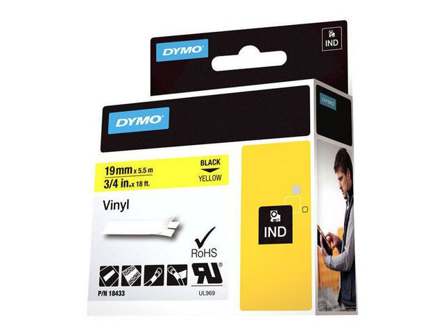 Dymo Teip Rhino 19mmx5,5m Vinyl sort/gul