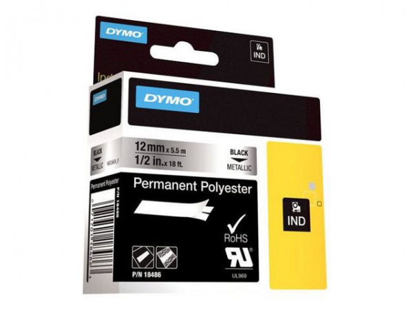 Dymo Teip Rhino 12mmx5,5m Permanent Polyester sort/metall