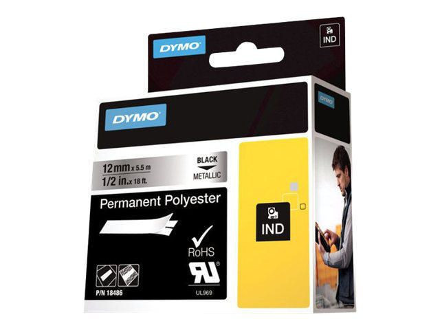 Dymo Teip Rhino 12mmx5,5m Permanent Polyester sort/metall
