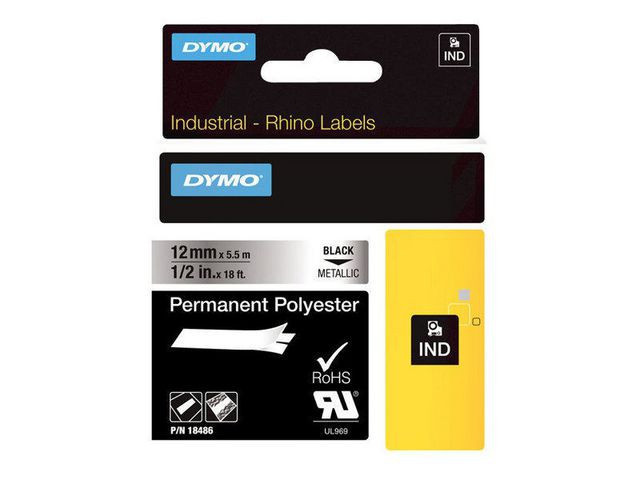 Dymo Teip Rhino 12mmx5,5m Permanent Polyester sort/metall
