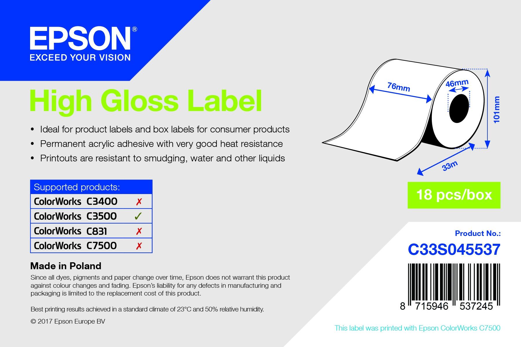 BildeHigh Gloss Label, Continuous Roll: 76mm x 33m