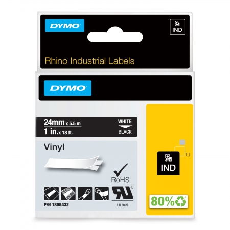 Dymo Teip Rhino 24mmx5,5m Farge Vinyl hvid p sort
