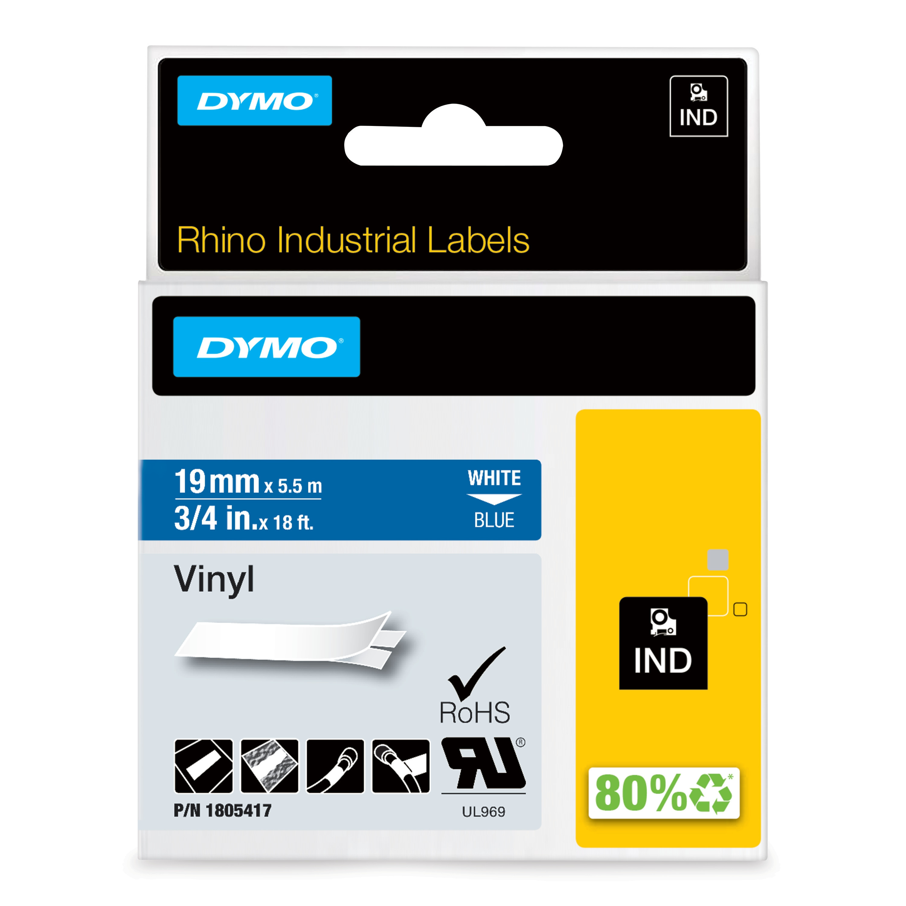 Dymo Teip Rhino 19mmx5,5 Farge Vinyl hvid/bl