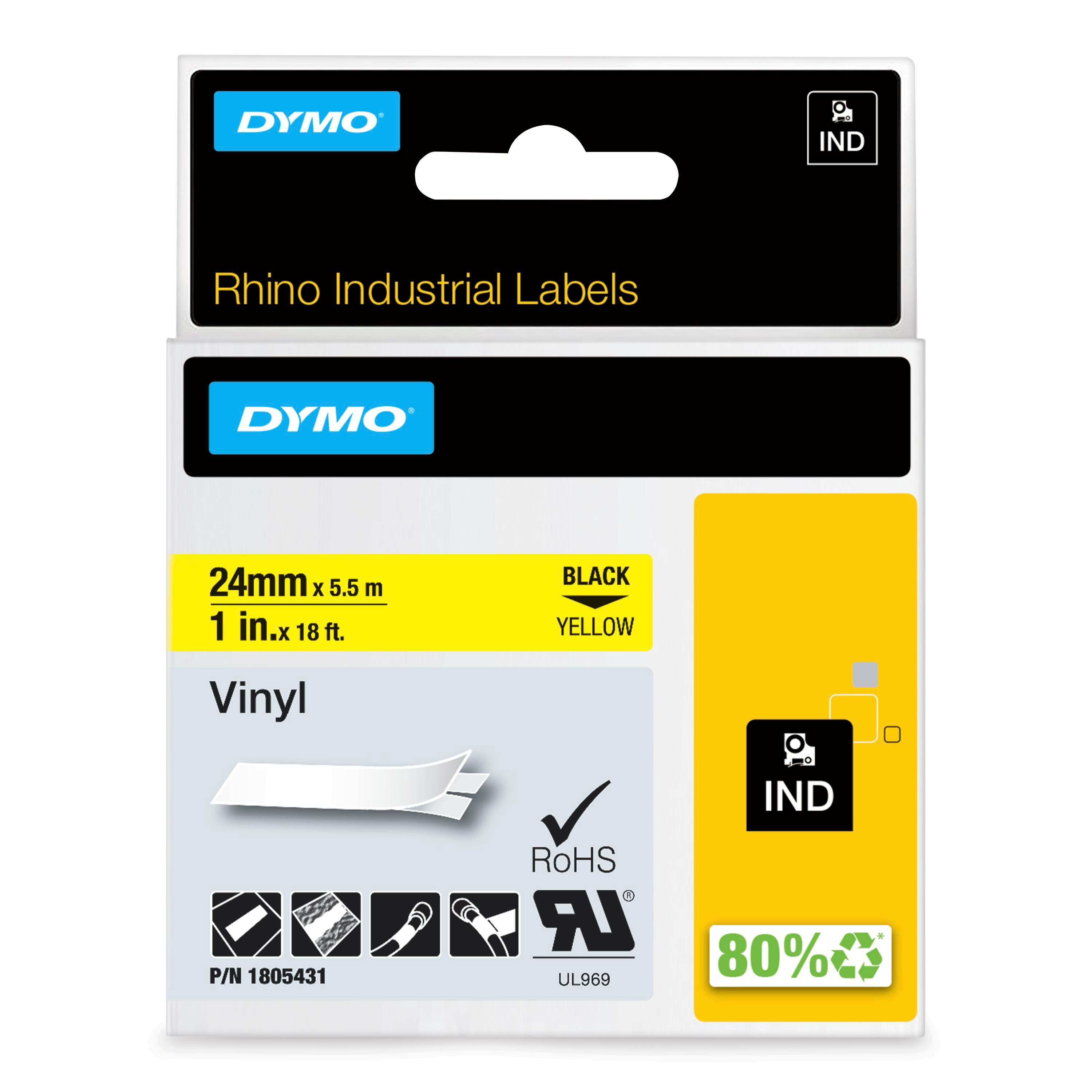 Dymo Teip Rhino 24mmx5,5m Farge Vinyl sort/gul
