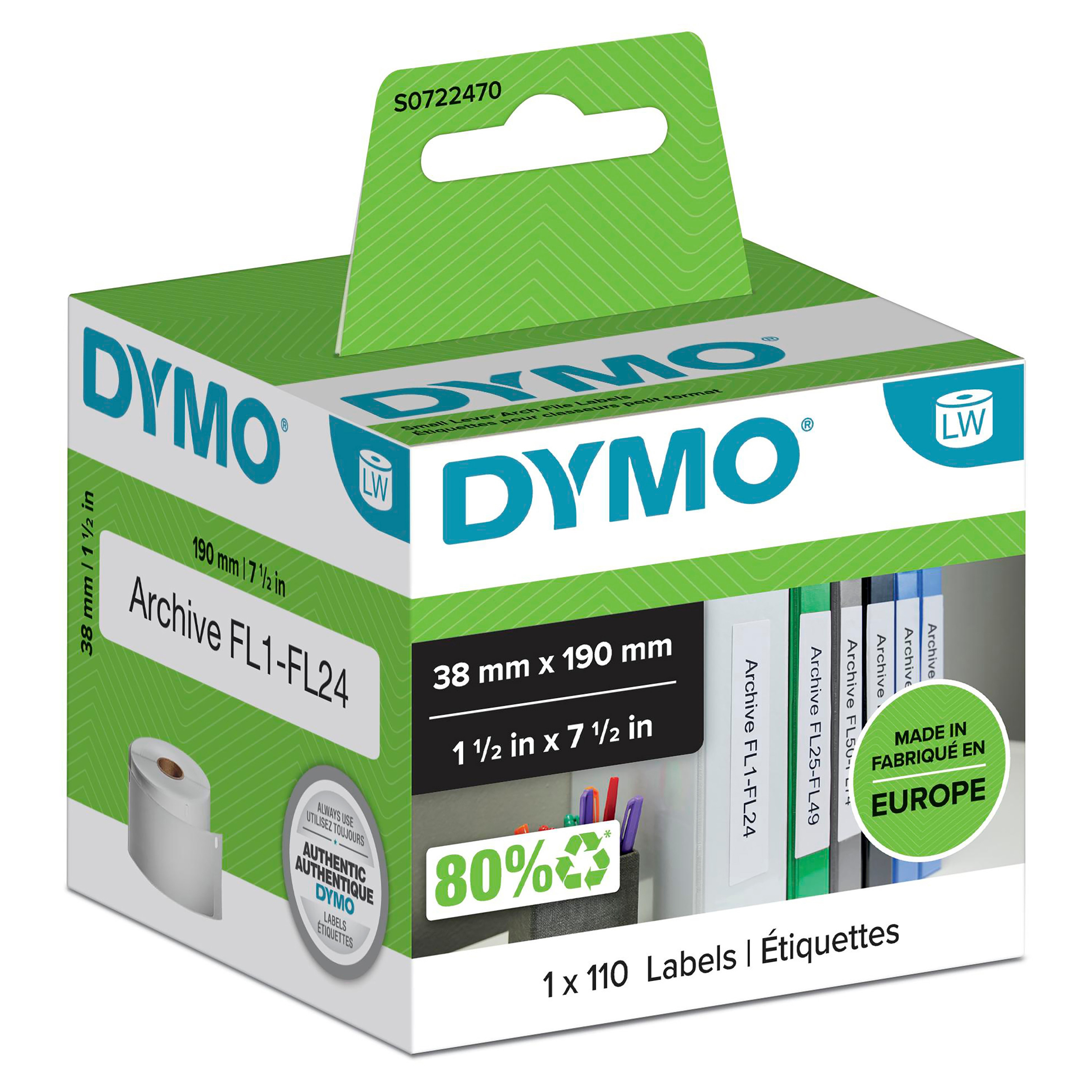 Dymo Etiketter Brevordnere 38x190 Permanent hvite (110)