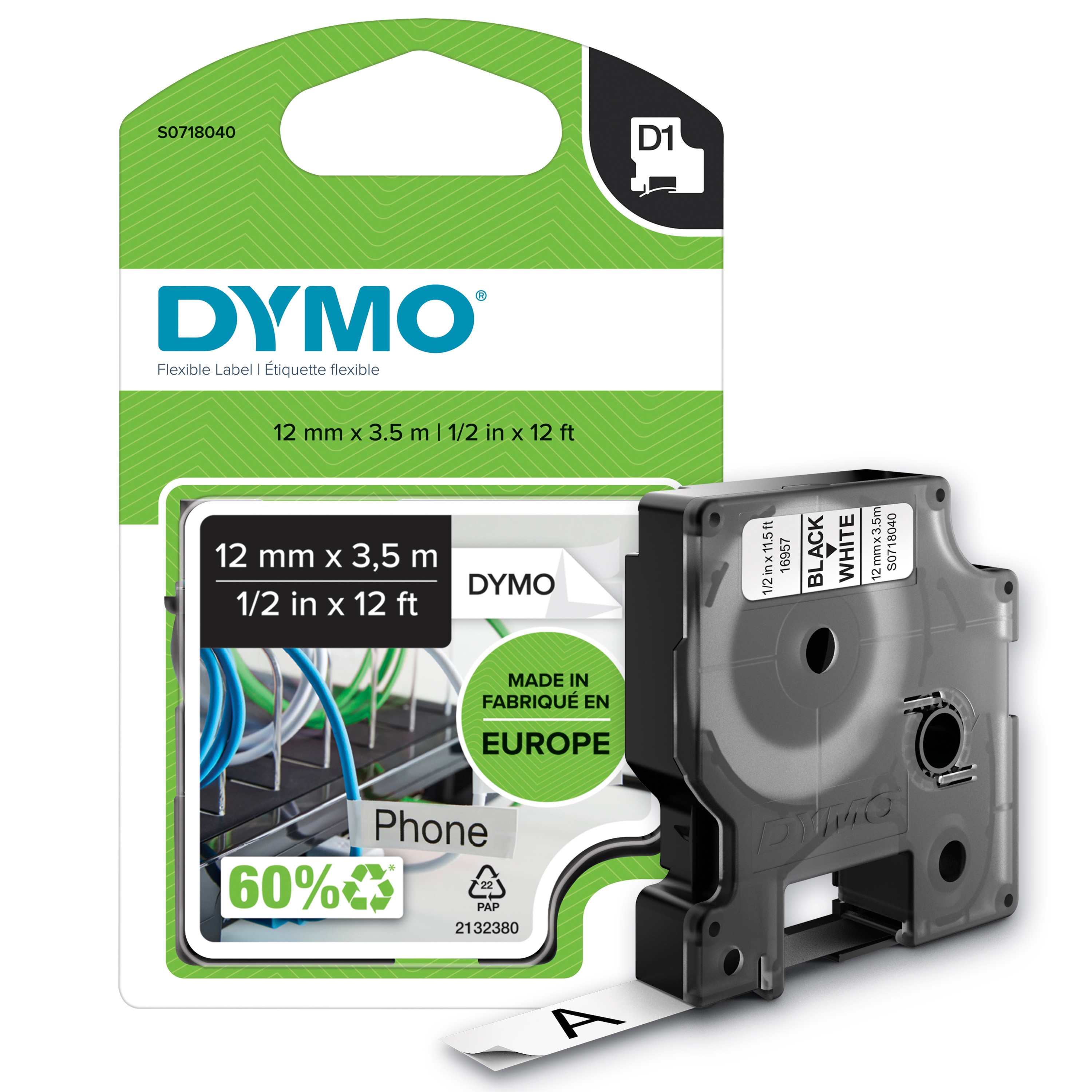 DYMO Ribbon S0718040 16957 12mm Black on White