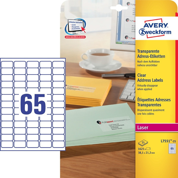 BildeAVERY Laser Mini Clear Labels See-through effect 38,1x21,2mm 65 labels/sheet 25 sheets/pack