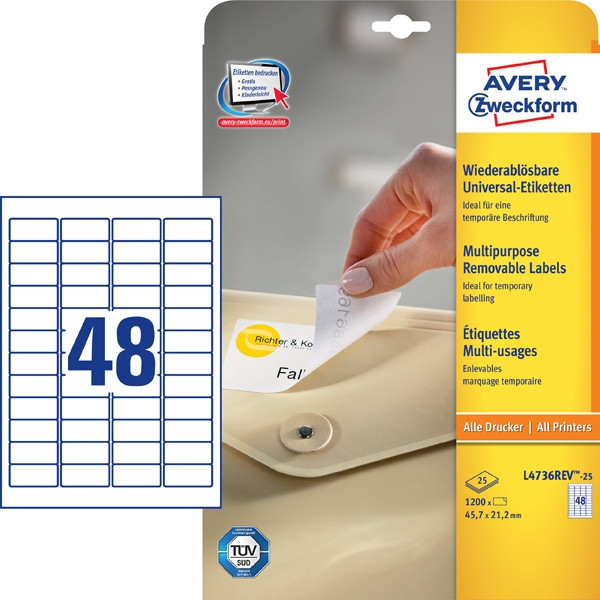 BildeAVERY Removable labels, white 45,7x21,2mm, for all printers 1200 labels/pack 25 sheet/pack