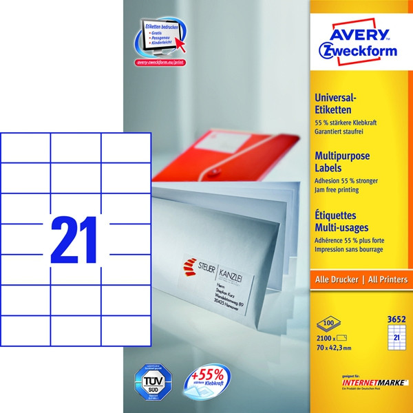 BildeAVERY General Usage Labels White 70x42,3mm all printers 21 labels/sheet 100 sheet/pack