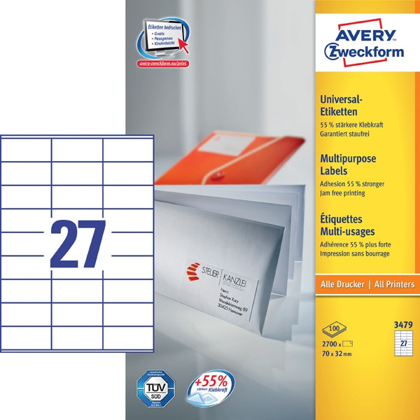 BildeAVERY General Usage Labels White 70x32mm all printers 27 labels/sheet 100 sheet/pack