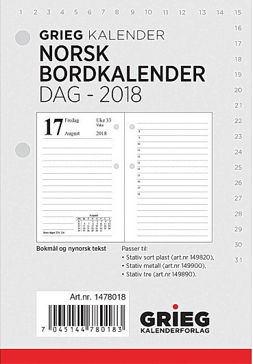 Bilde Bordkalender Grieg Norsk 2018