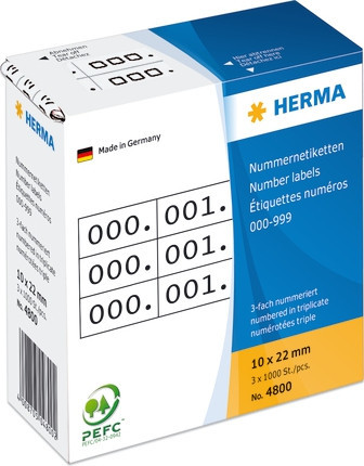 BildeHerma Nummeretiketter 0-999 trippel hvit/sort 10x22mm