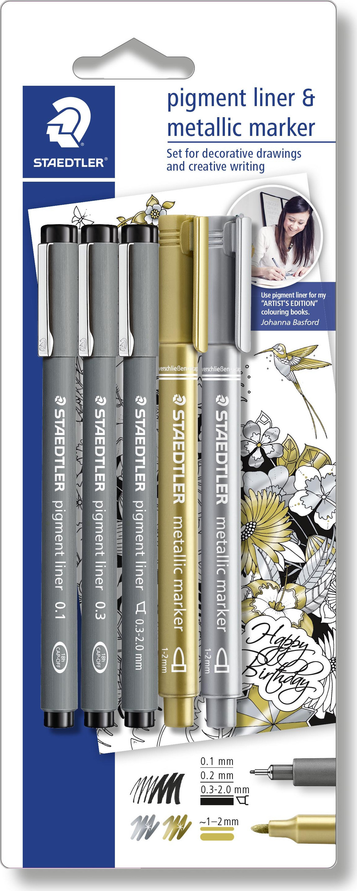 BildeSTAEDTLER Fineliner Pigment Liner sort + slv og gull (3+2)