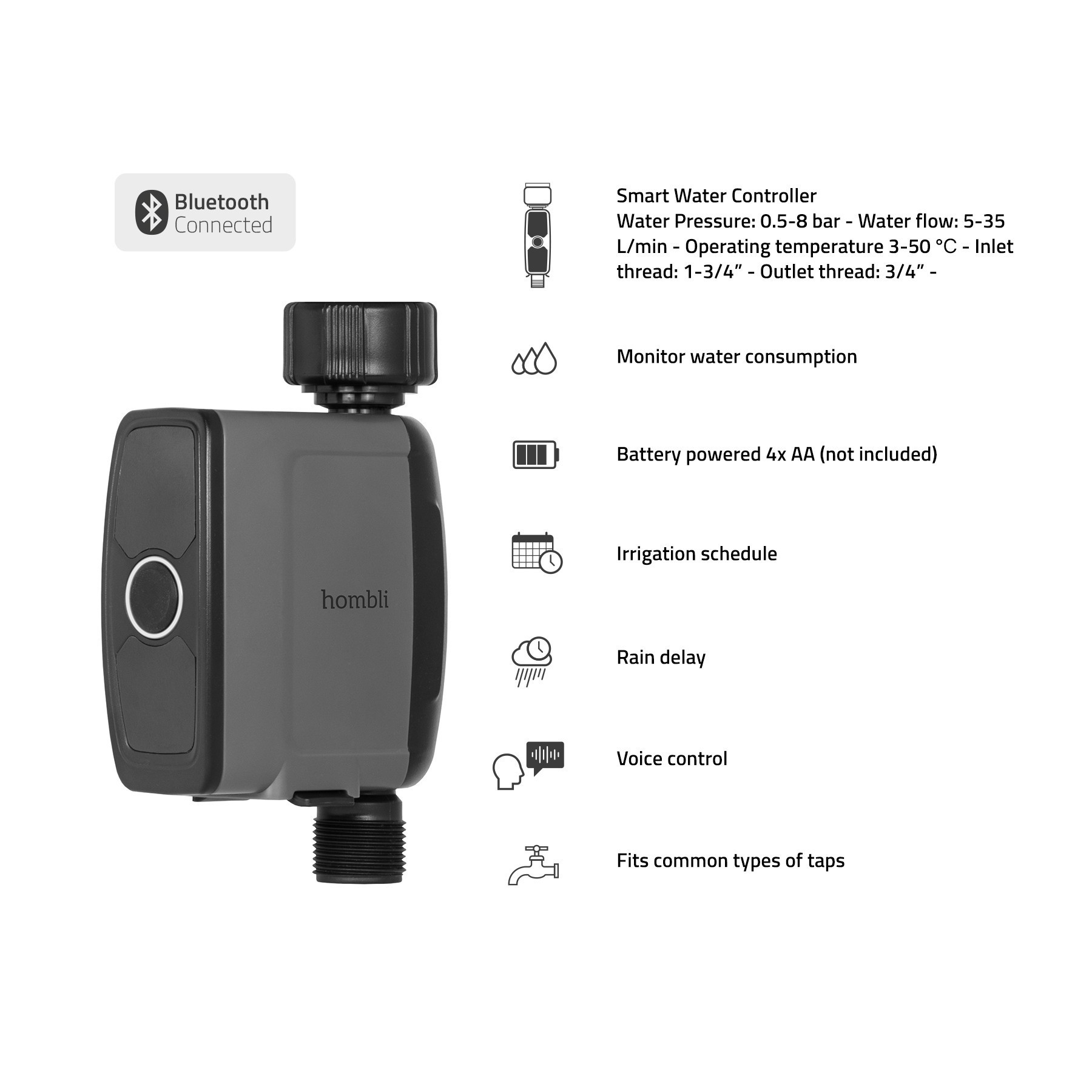 Hombli Smart Utendrs Bluetooth Vann Kontroll 2, Sort
