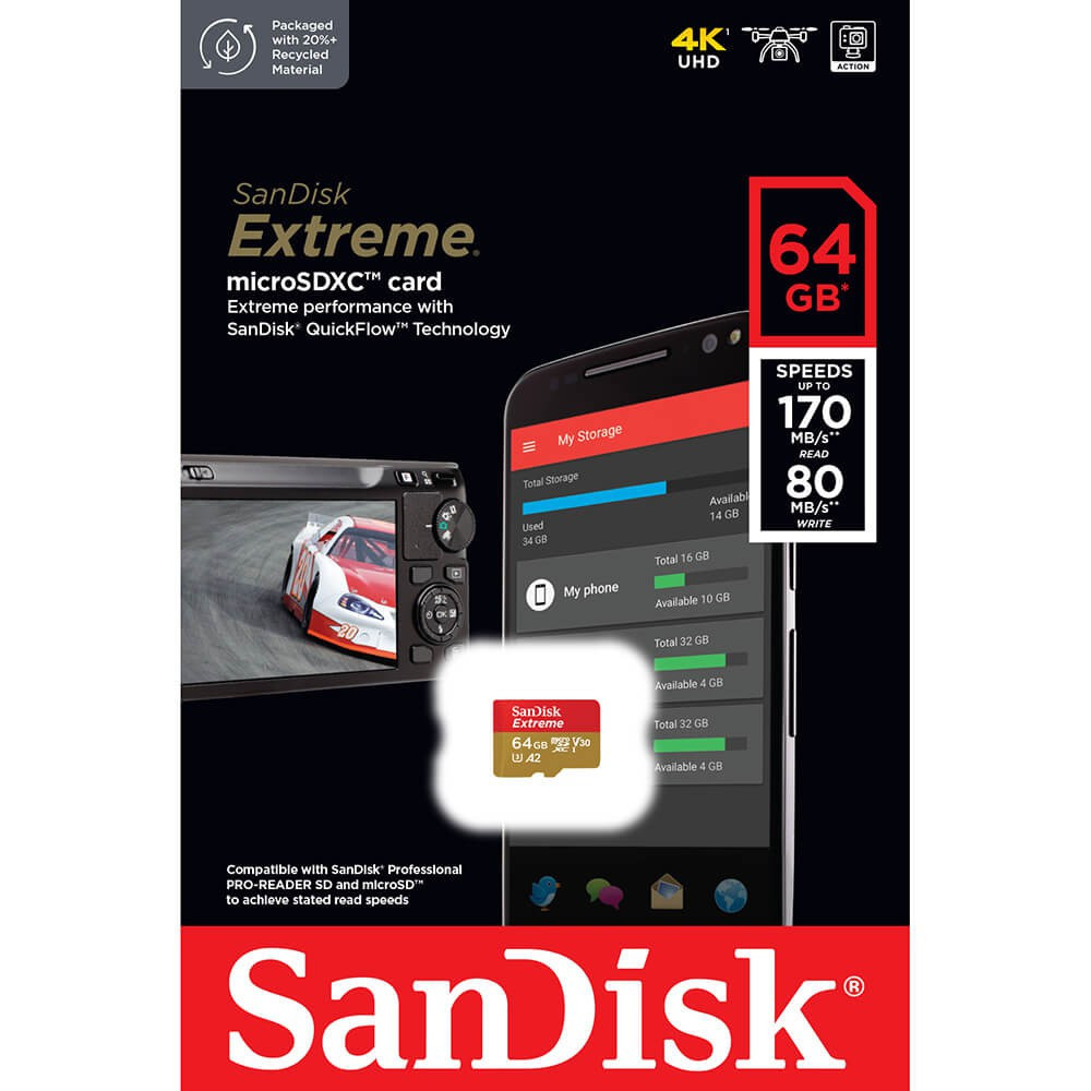 SANDISK MicroSDXC Extreme 64GB 170MB/s A2 C10 V30 UHS-I U3