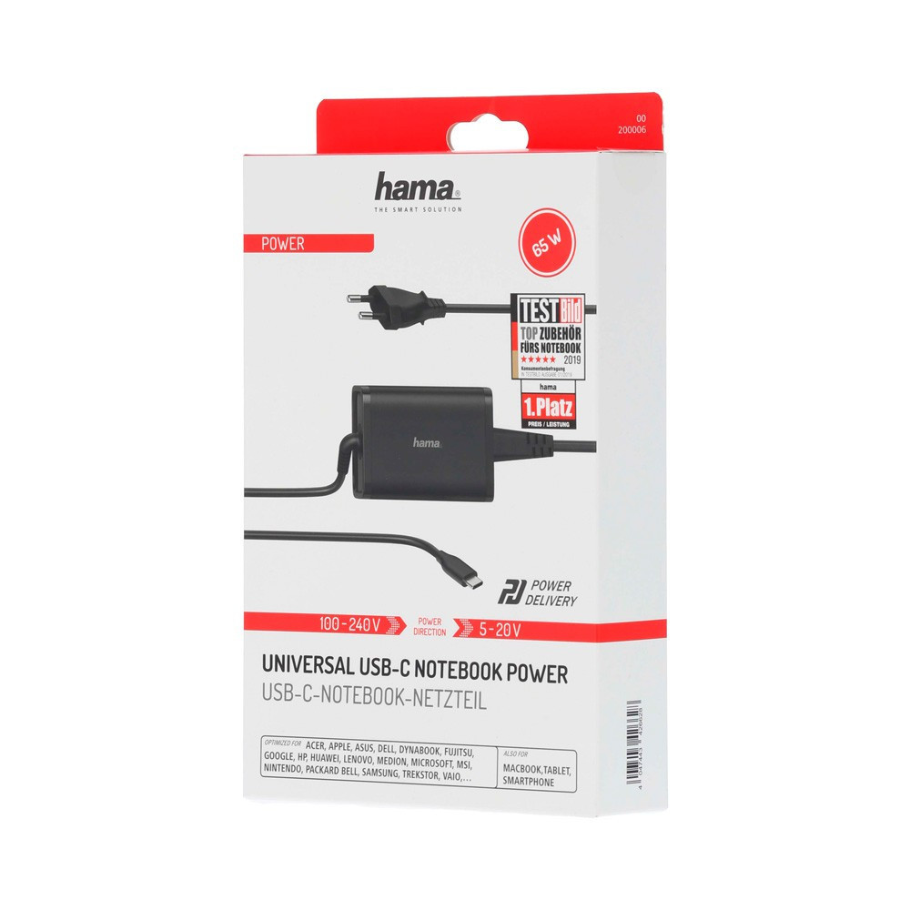 HAMA Strømforsyning Notebook USB-C 100-240V 5-20V/65W