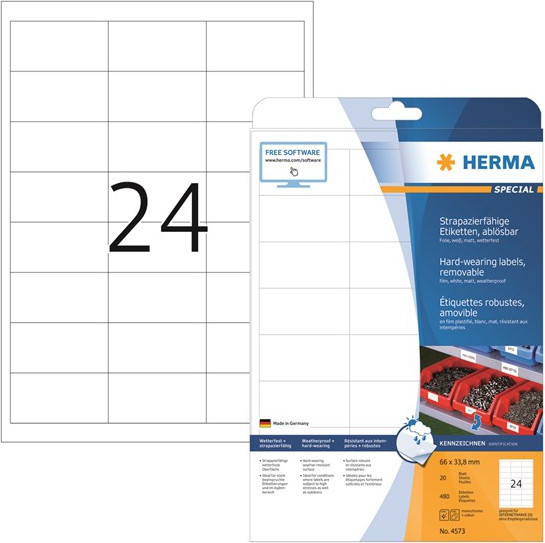 Herma Etiketter Utendrs avtagbare Hvite A4 66x33,8 (20)
