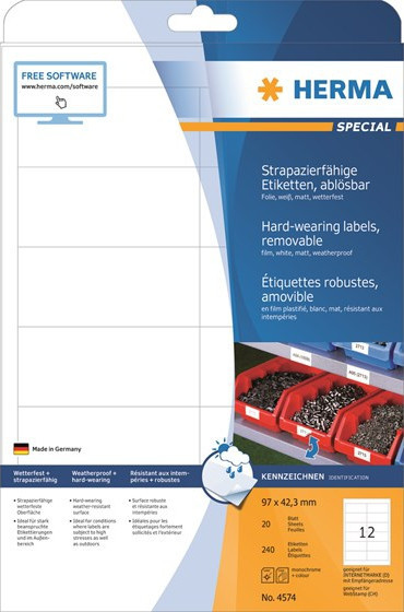Herma Etiketter Utendrs avtagbare Hvite A4 97x42,3 (20)