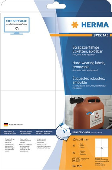 Herma Etiketter Utendrs avtagbare Hvite A4 105x148 (20)