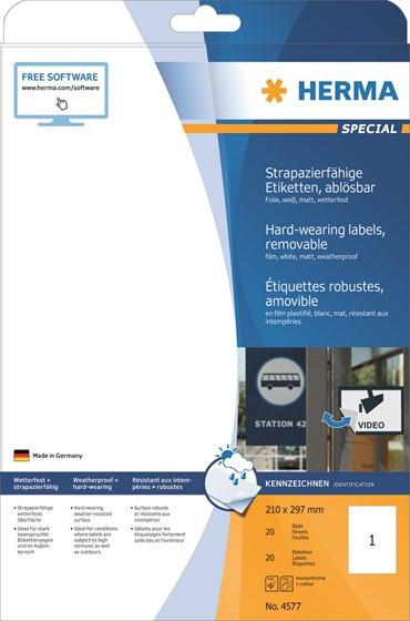 Herma Etiketter Utendrs avtagbare Hvite A4 210x297 (20)