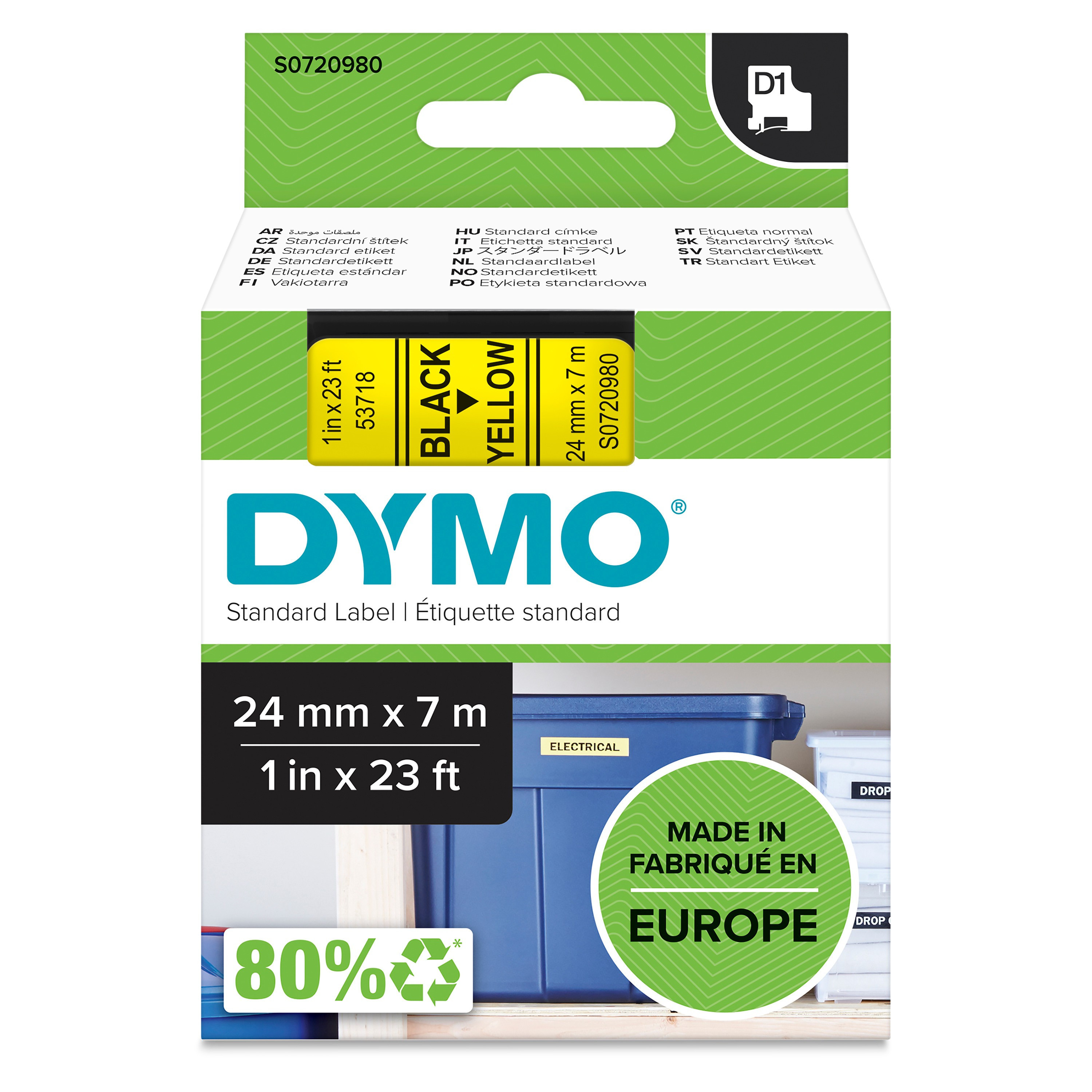 Tape Dymo D1 24Mm X 7M Sort/Gul