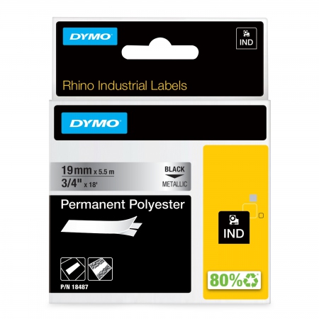 Dymo Teip Rhino 19mmx5,5m Permanent Polyester sort/metall
