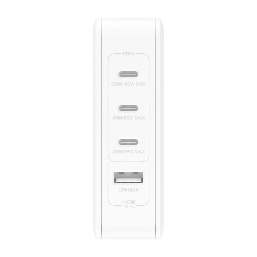 140W 4-ports USB GaN Wall Charger with UK, EU, US plug tips,