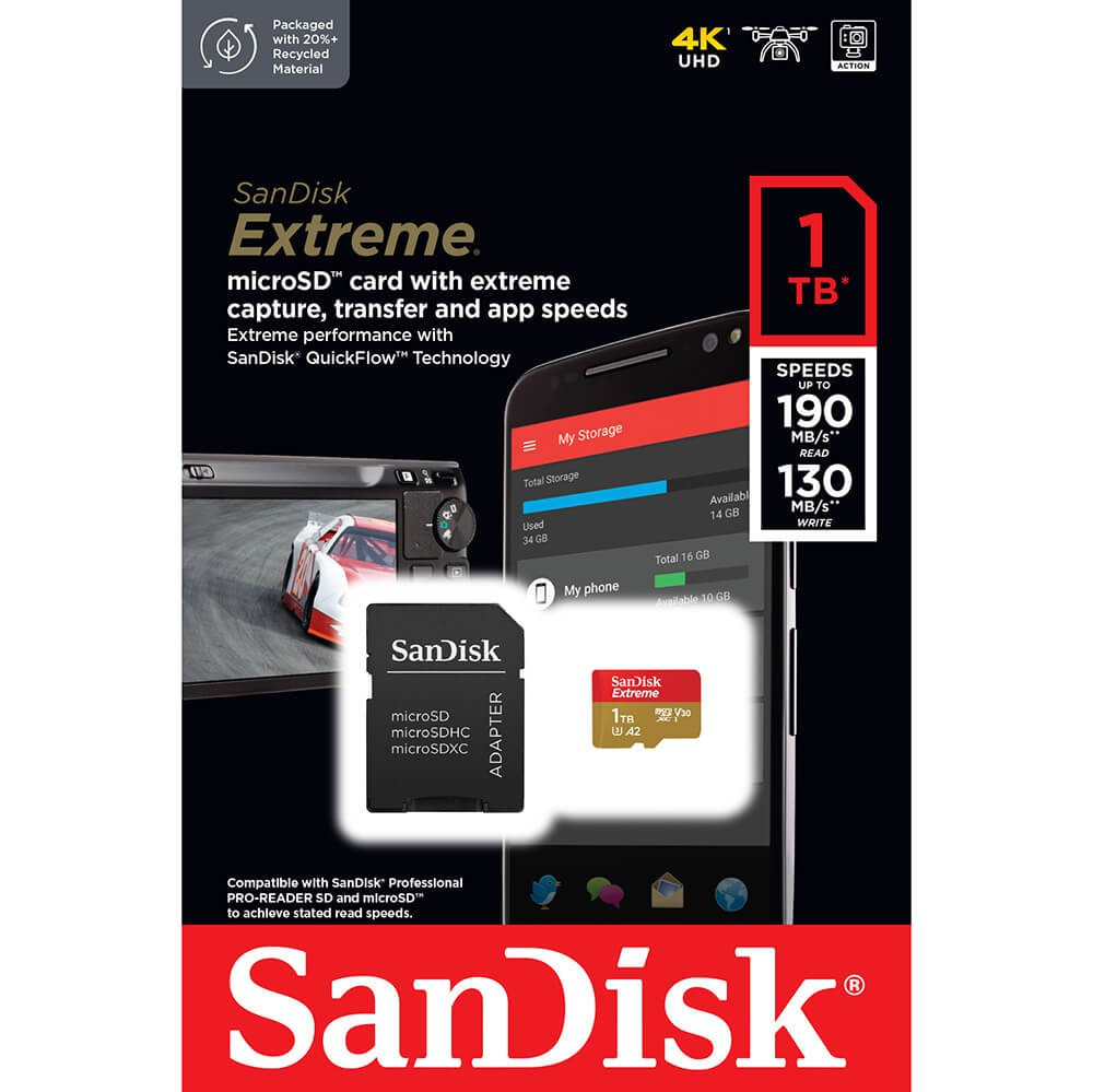 BildeSANDISK MicroSDXC Extreme 1TB Adapter 190MB/s A2 C10 V30