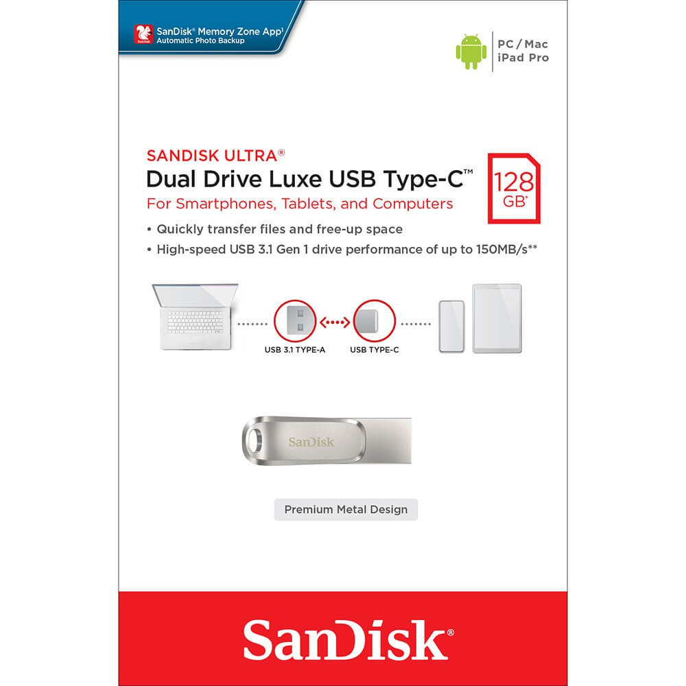 SANDISK USB Dual Drive Luxe 128GB 150MB/s USB-C & USB 3.1