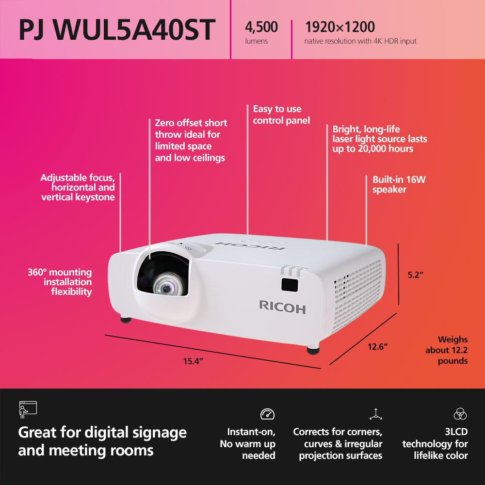 RICOH ShortThrow Projector PJ WUL5A40ST 55-150'' (4500Lumen)