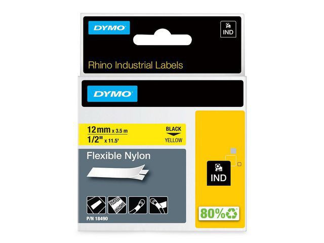 BildeTape Dymo Rhino Nylon Sort/Gul 12Mm