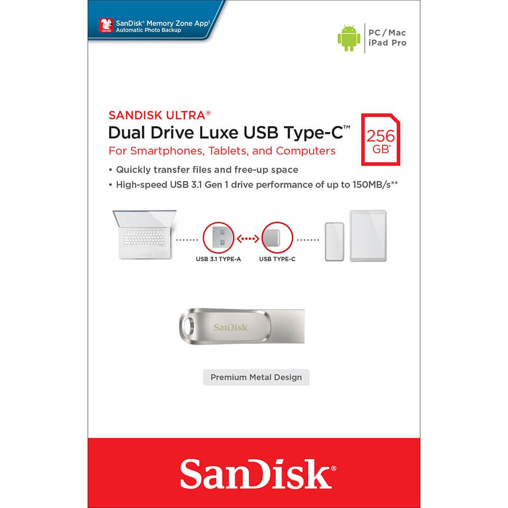 SANDISK USB Dual Drive Luxe 256GB 150MB/s USB-C & USB 3.1