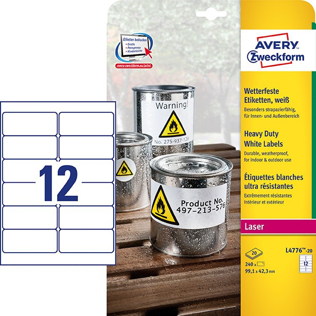 BildeAvery L4776-20 Heavy Duty Etiketter 99,1x42,3 (240)