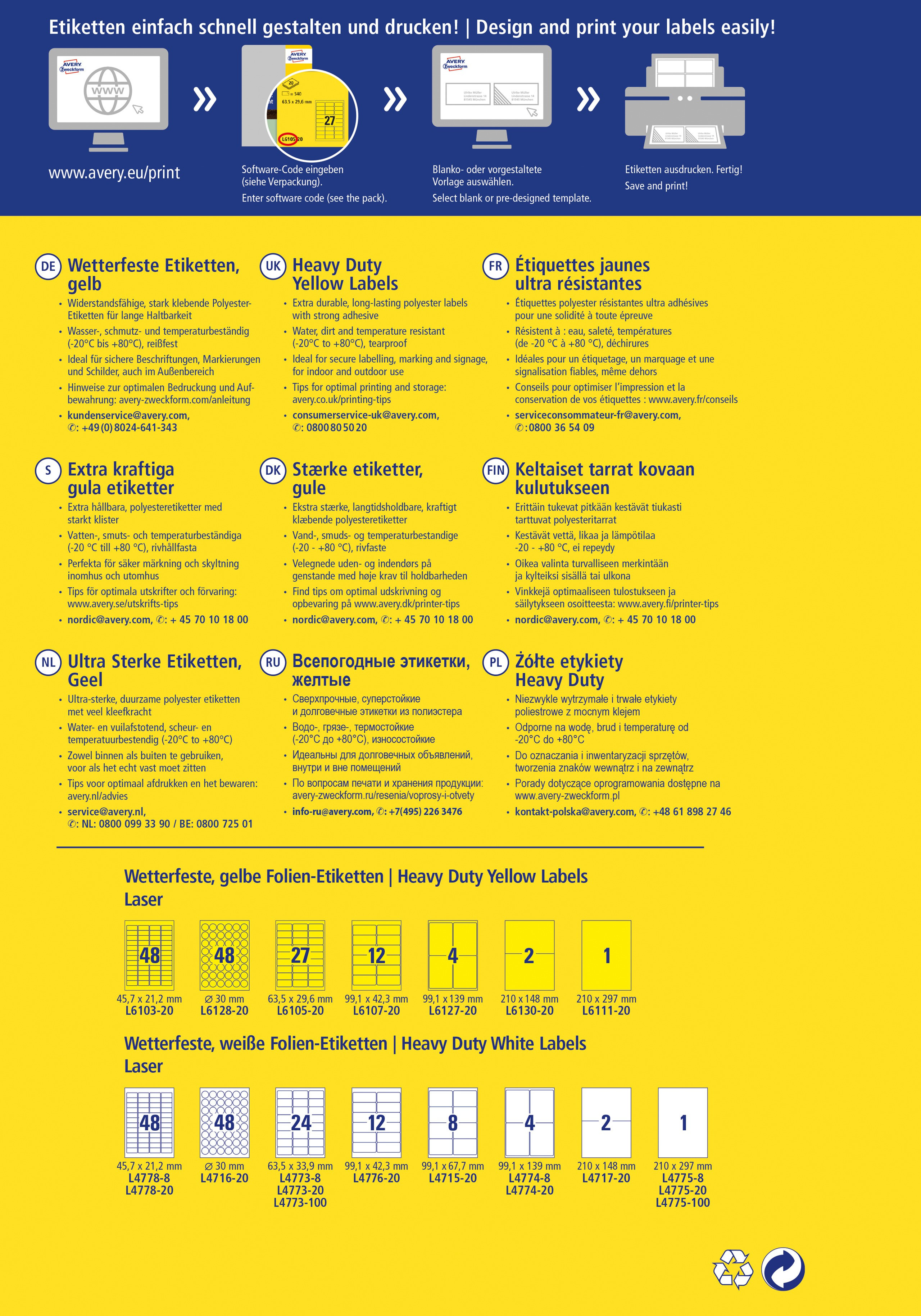 Laserlabel polyester gul 210x148mm (20)