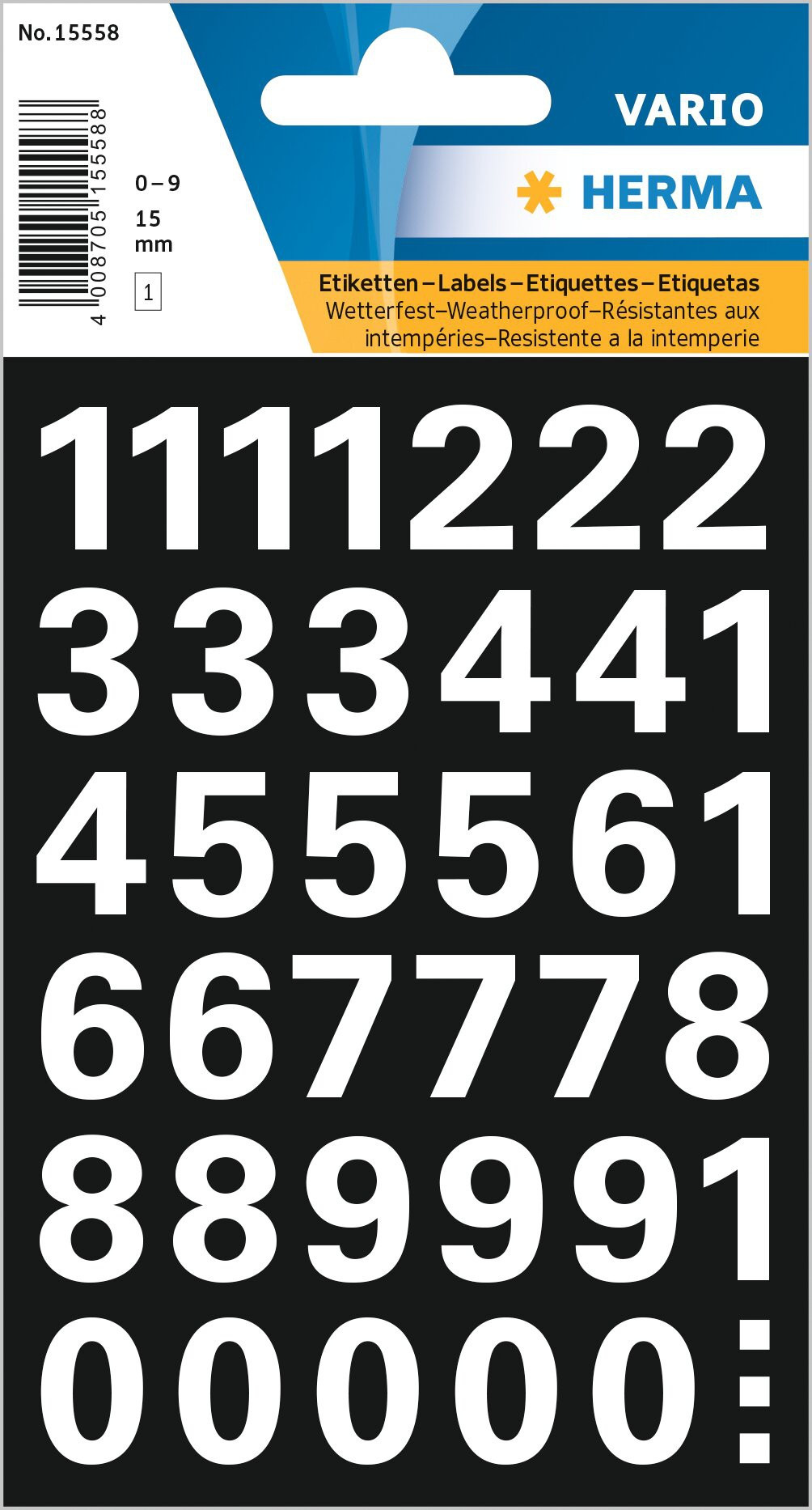 Herma label Vario numbers 0-9 15 high white
